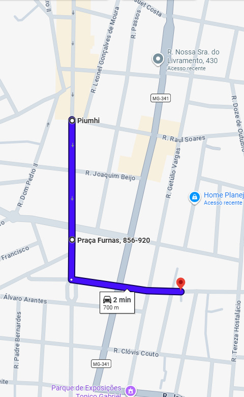Rota real até a Praça Furnas, em Piumhi